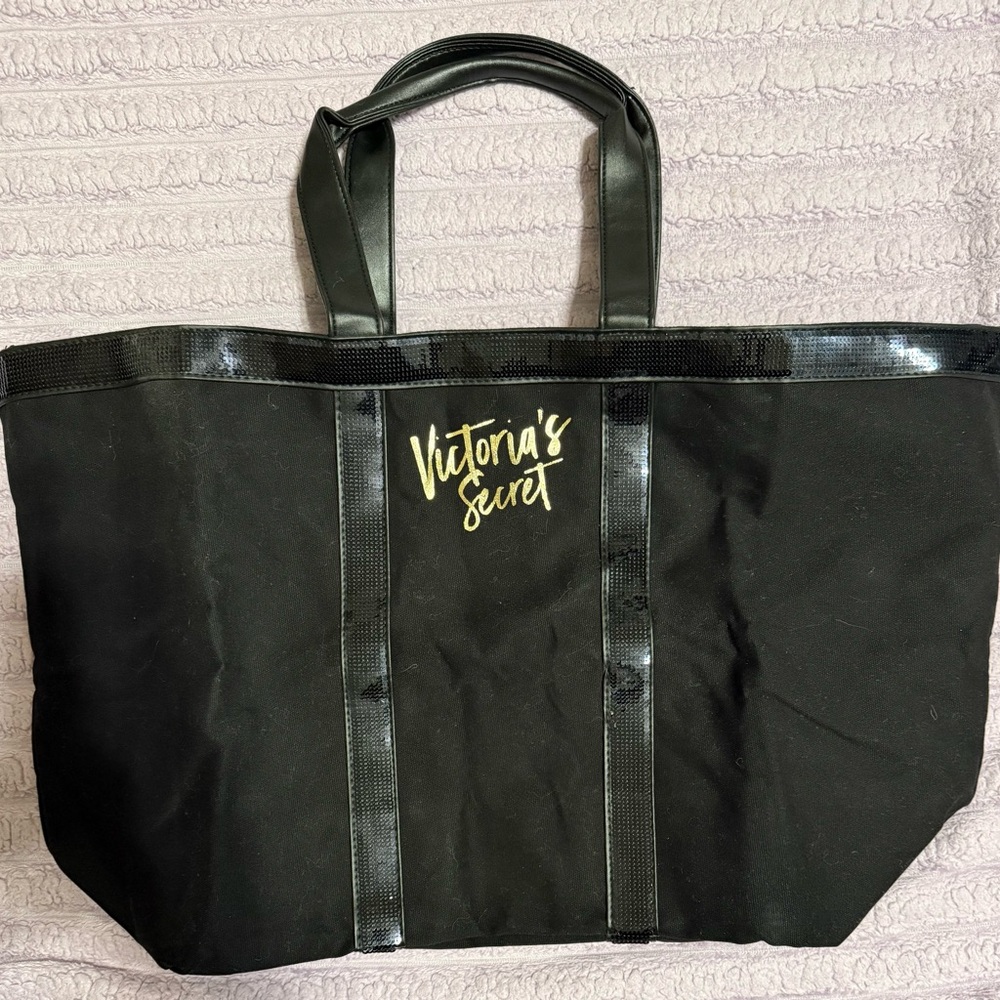 Victoria's Secret Black and Gold Logo Tote